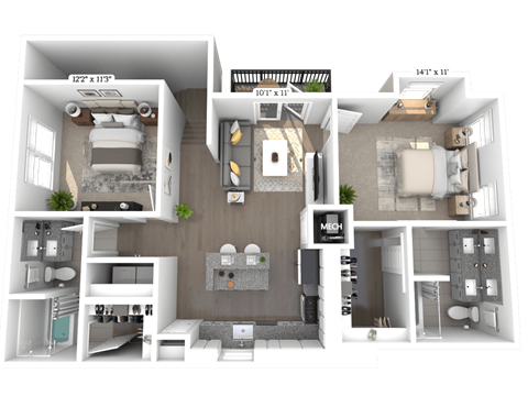 Floor plan for 2 beds, 2 baths, 1104 sqft
